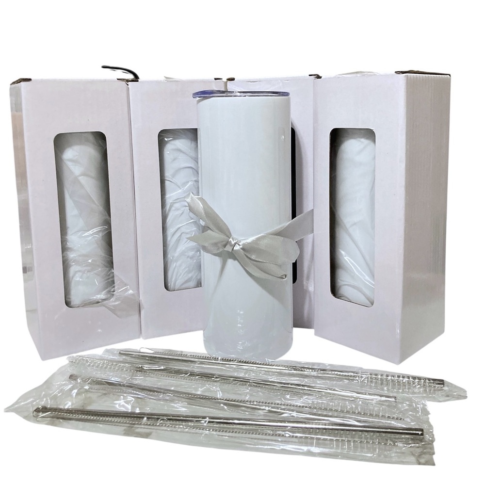 4 White Blank 20oz Tumblers New w/Metal Straws Great for Sublimation/Vinyl